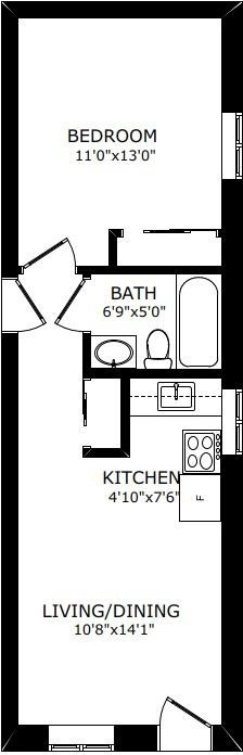Floor plan for 1 bed, 1 bath, 451 sqft